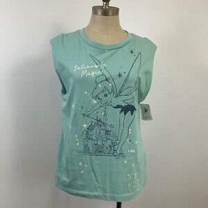 DISNEY Women's Believe in Magic Tinkerbell Distressed Teal Tee Medium NWT